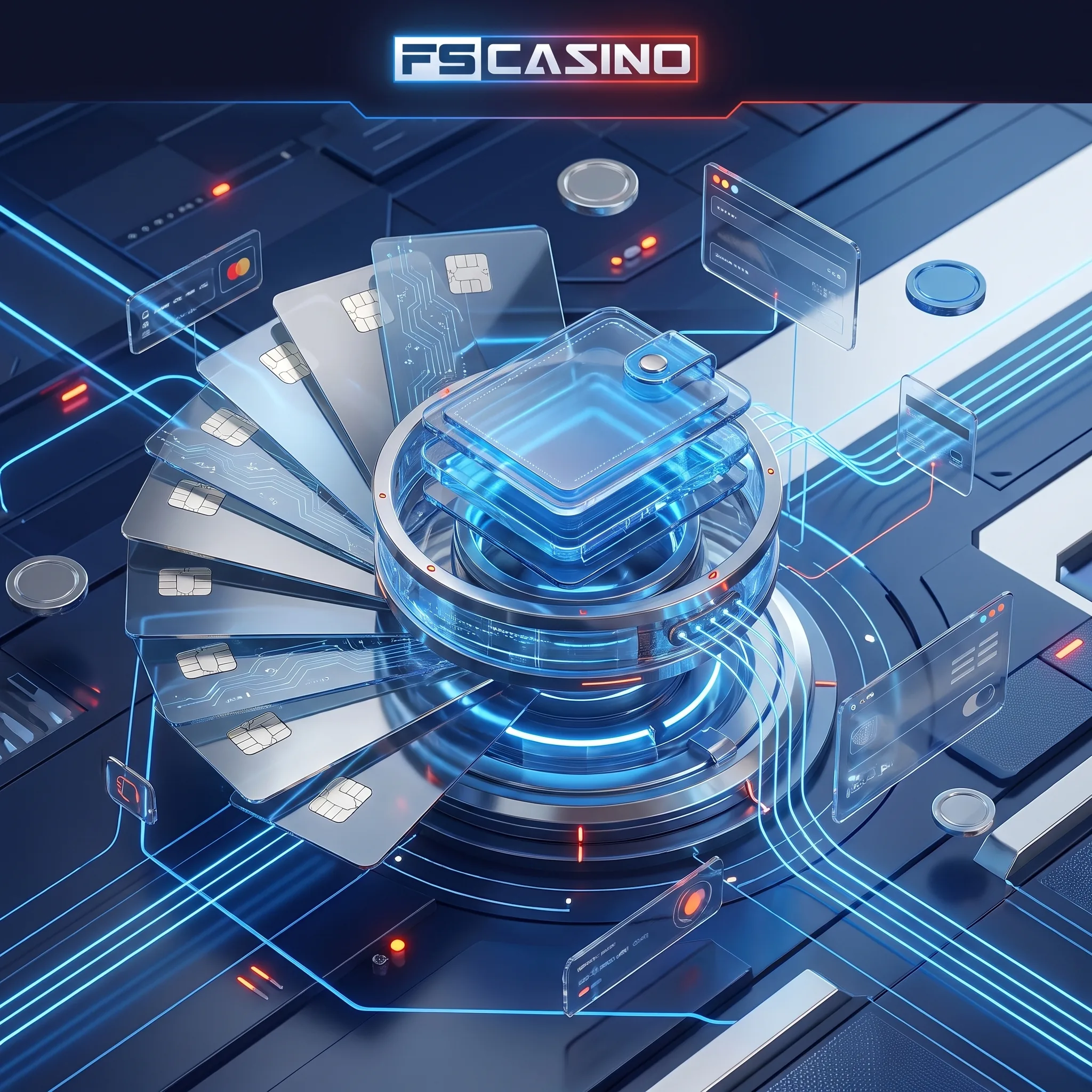 Digitales Wallet mit Zahlungskarten und FS Casino Logo