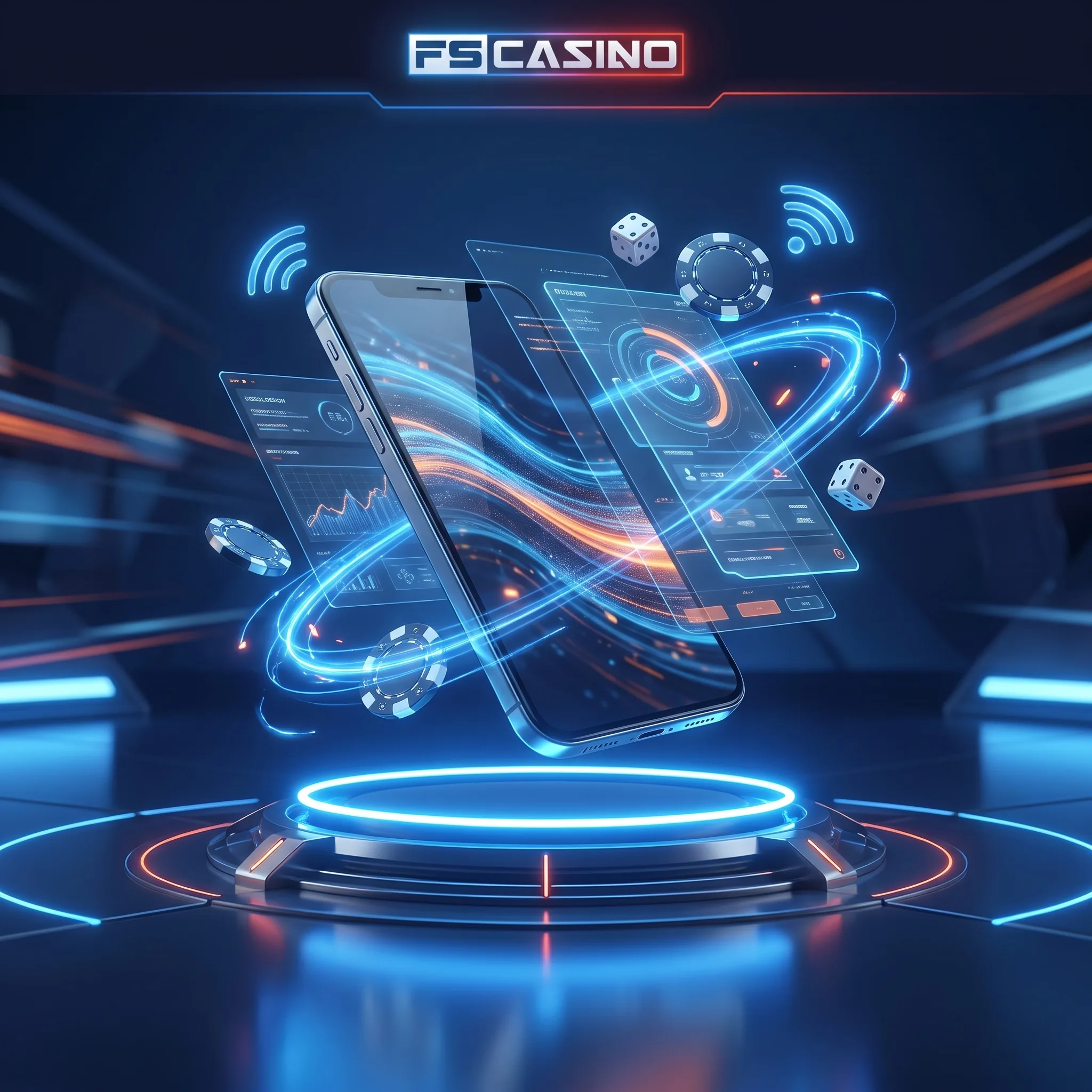 Smartphone mit digitaler Spieloberfläche und FS Casino Logo